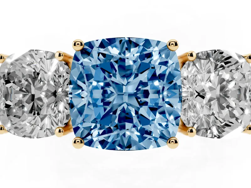 Cushion Cut Three Stone Engagement Ring Setting for a Fancy Blue Lab-Grown Diamond | Beaded Shoulders | Yellow Gold
