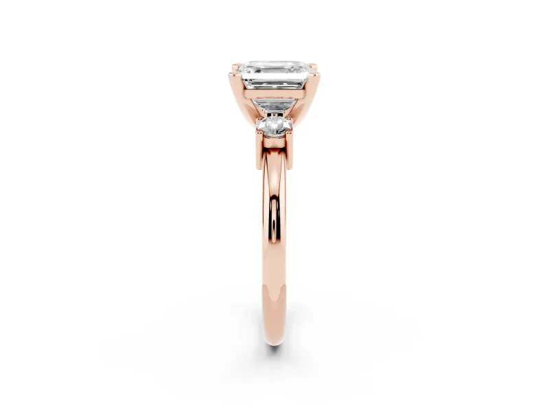 Three-Stone Asscher Cut Diamond Ring Set in Rose gold with Prong Setting and Plain Band