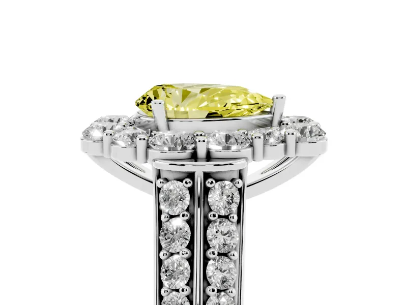 Fancy Yellow Pear Cut Diamond Halo Engagement Ring Set in Silver with Split Shank and Prong Setting