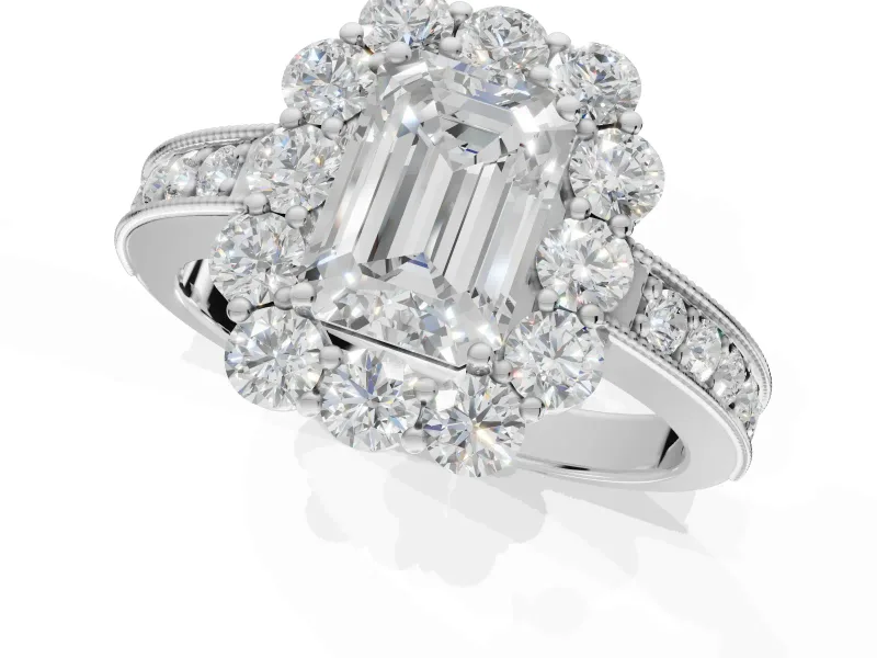 Emerald Cut Vintage Halo Engagement Ring Setting | Milgrain Channel Band | Platinum