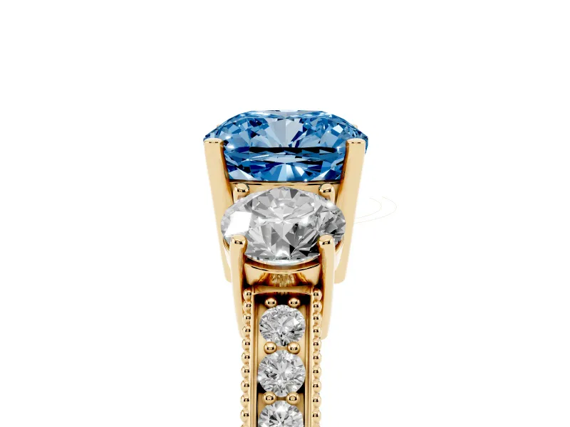 Cushion Cut Three Stone Engagement Ring Setting for a Fancy Blue Lab-Grown Diamond | Graduated Pave Band | Yellow Gold