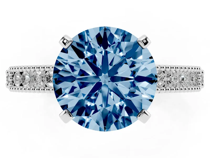 Fancy Blue Round Cut Diamond Solitaire Ring Set in Platinum with Slim Pavé Band and Prong Setting
