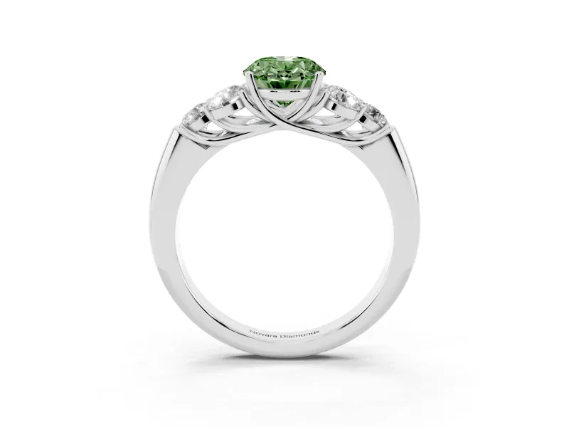 Fancy Green Oval Cut Diamond Cluster Ring Set in White gold with Round Accent Stones and Prong Setting on a Plain Band