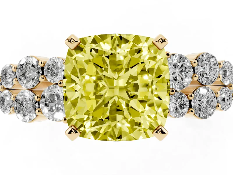 Fancy Yellow Cushion Cut Diamond Cluster Engagement Ring Set in Yellow gold with Pavé Band and Prong Setting