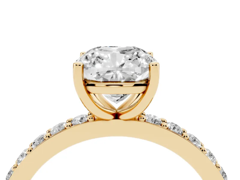 Cushion Cut Pavé Solitaire Engagement Ring Setting | Single Row Band | Yellow Gold