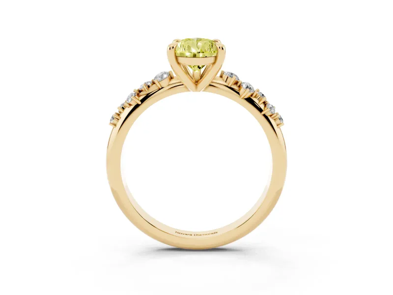 Fancy Yellow Pear Cut Diamond Solitaire Vine Band Ring Set in Yellow gold with Round Accents and Prong Setting