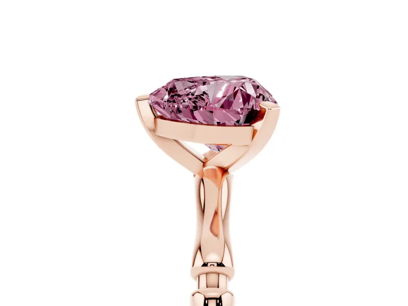 Fancy Pink Heart Cut Diamond Solitaire Ring Set in Rose gold with Bamboo Band and Prong Setting