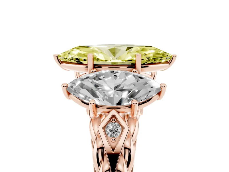 Fancy Yellow Marquise Cut Diamond Three-Stone Ring Set in Rose gold with Braided Band