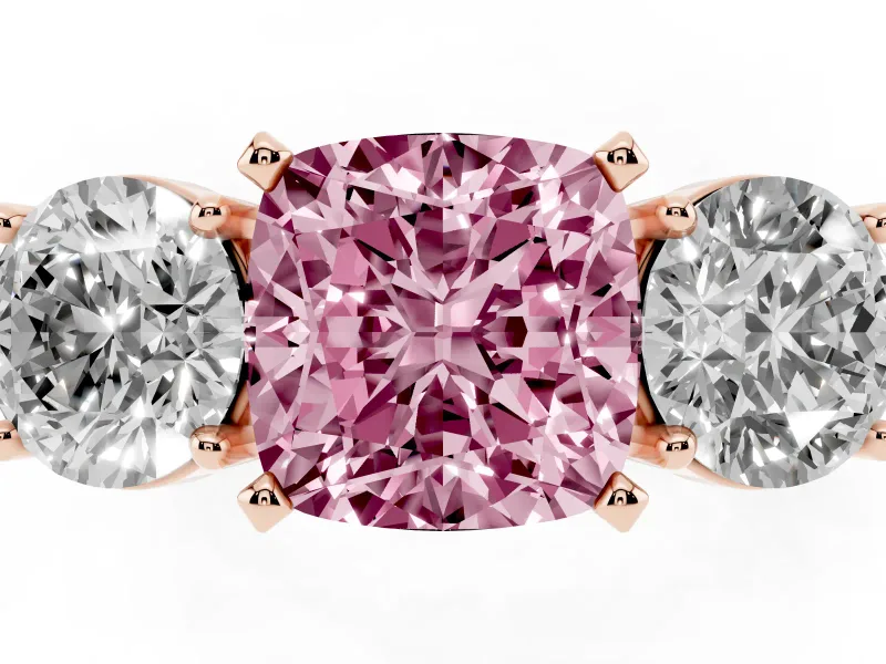 Cushion Cut Three Stone Engagement Ring Setting for a Fancy Pink Lab-Grown Diamond | Wide Plain Band | Rose Gold