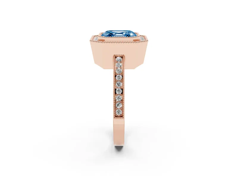 Fancy Blue Asscher Cut Diamond Halo Ring Set in Rose gold with Pavé Band and Milgrain-Edged Prongs