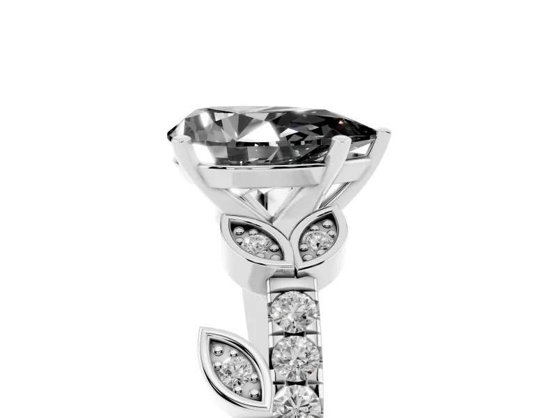 Fancy Black Pear Cut Diamond Solitaire Leaf-Inspired Ring Set in Silver with Pavé Band and Prong Setting