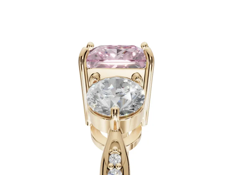 Princess Cut Three Stone Engagement Ring Setting for a Fancy Pink Lab-Grown Diamond | Tapered Pave Band | Yellow Gold