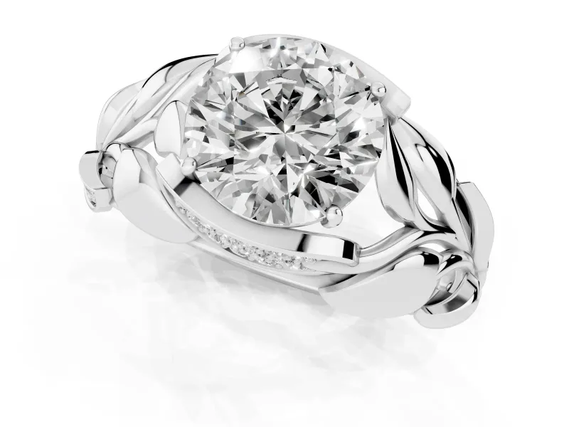 Round Cut Diamond Leaf-Inspired Engagement Ring Set in White gold with Round Accents
