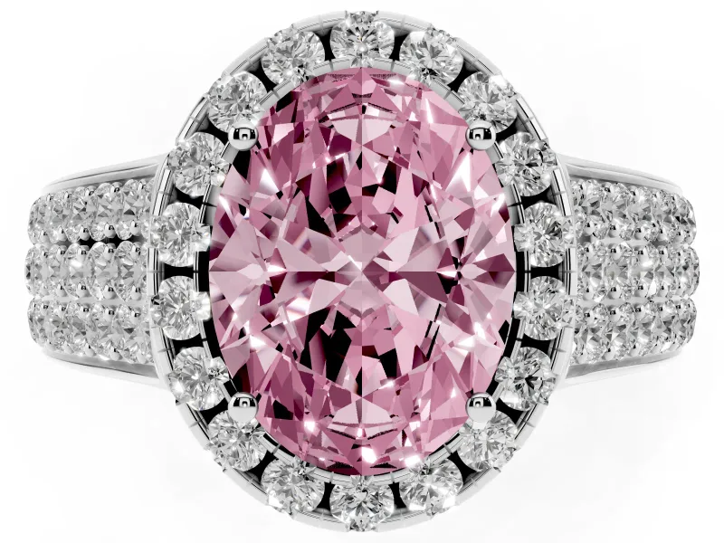 Fancy Pink Oval Cut Diamond Halo Ring Set in White gold with Pavé Band and Raised Center Setting