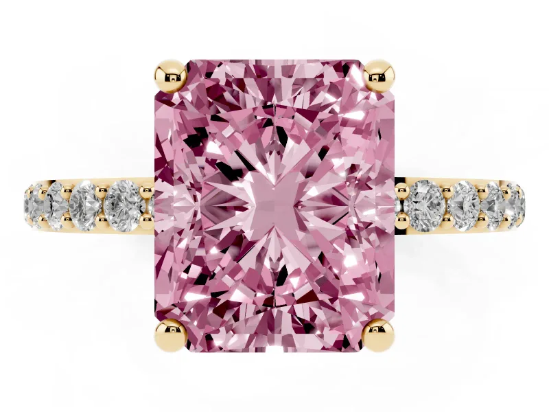 Fancy Pink Radiant Cut Diamond Solitaire Ring Set in Yellow gold with Round Pavé Band and Prong Setting