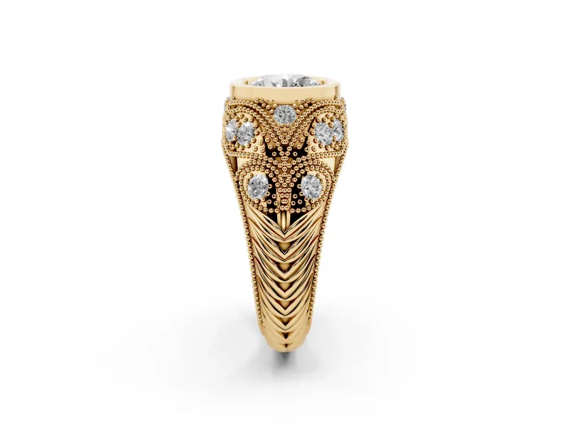 Round Vintage Bezel Engagement Ring Setting | Beaded Paisley Shoulders | Yellow Gold
