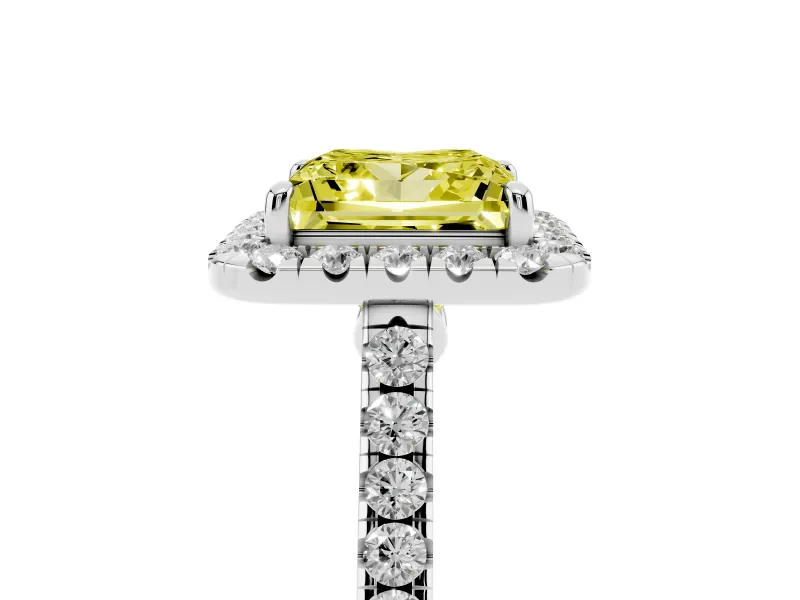 Fancy Yellow Princess Cut Diamond Halo Pavé Engagement Ring Set in Silver with Prong Setting