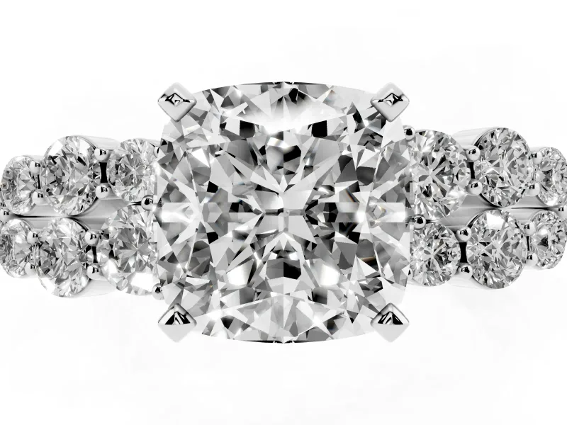 Cushion Cut Side Stone Engagement Ring Setting | Two-Row Shoulder Clusters | White Gold