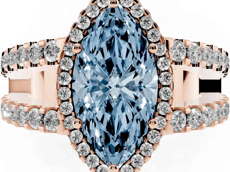 Fancy Blue Marquise Cut Diamond Halo Ring Set in Rose gold with Pavé Split Shank and Prong Setting