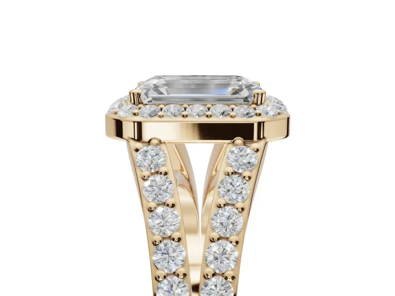 Emerald Cut Halo Pavé Engagement Ring Setting | Narrow Split Shank | Yellow Gold