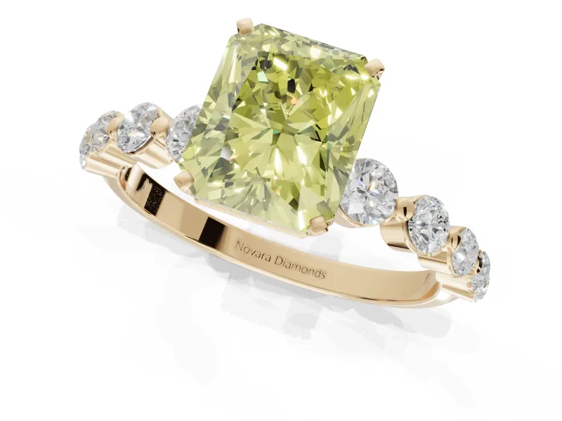 Radiant Cut Graduated Side Stone Engagement Ring Setting for a Fancy Yellow Lab-Grown Diamond | Yellow Gold