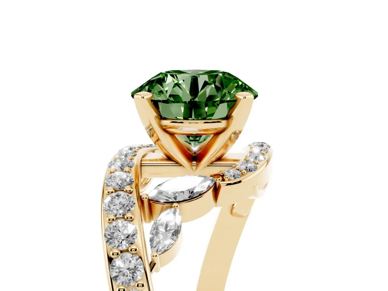 Fancy Green Round Cut Diamond Solitaire Ring Set in Yellow gold with Pavé Twist Band and Secure Prong Setting