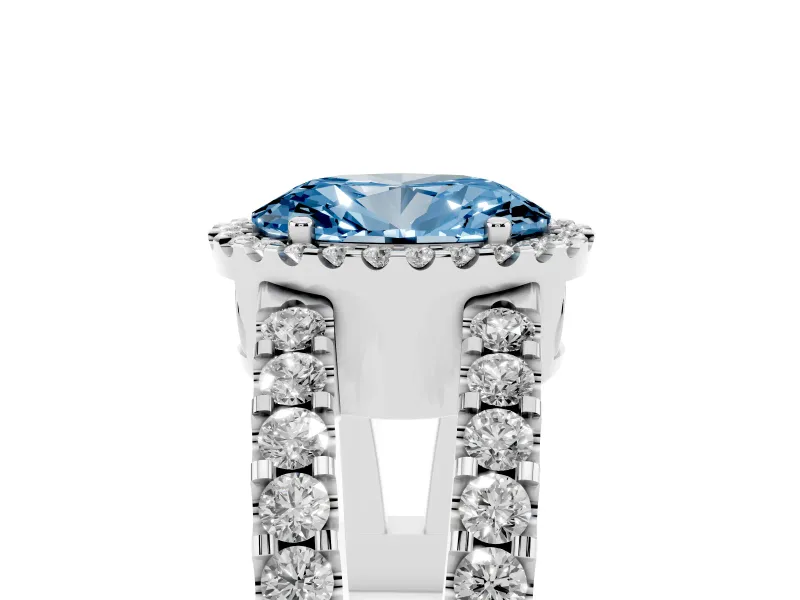 Fancy Blue Oval Cut Diamond Halo Ring Set in Silver with Pavé Split Shank and Prong Setting