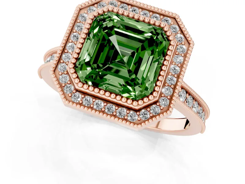 Asscher Cut Vintage Milgrain Halo Engagement Ring Setting for a Fancy Green Lab-Grown Diamond | Bezel Head | Rose Gold