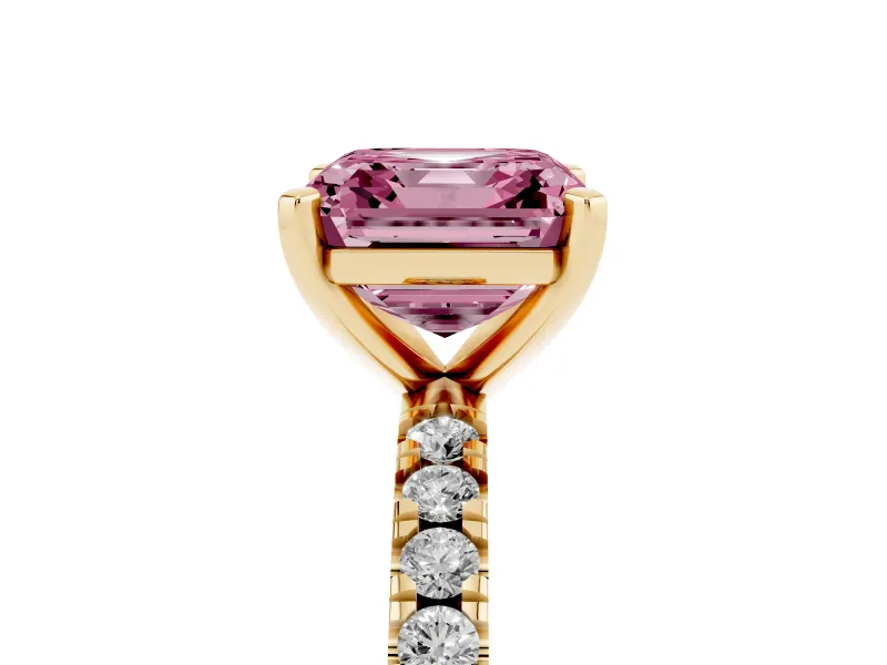 Fancy Pink Asscher Cut Diamond Pavé Band Solitaire Set in Yellow gold with Prong Setting