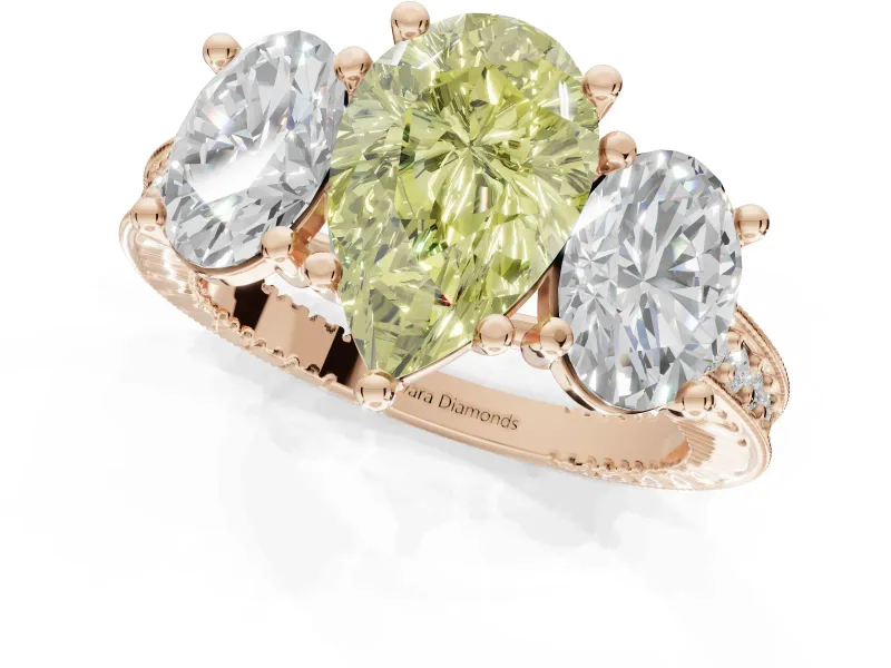 Pear-Shaped Vintage Three Stone Engagement Ring Setting for a Fancy Yellow Lab-Grown Diamond | Rose Gold
