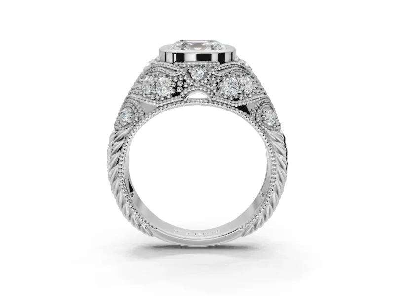 Asscher Cut Vintage Bezel Engagement Ring Setting | Beaded Paisley Shoulders | Sterling Silver