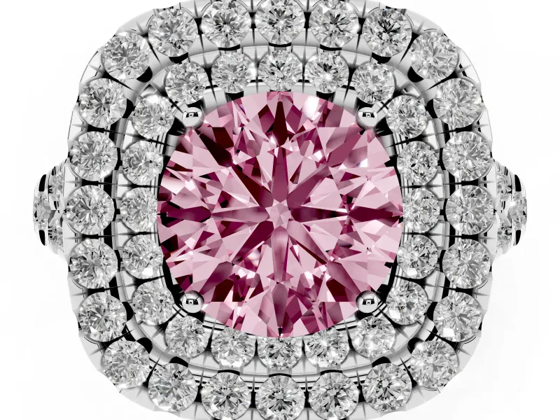 Round Halo Split Shank Engagement Ring Setting for a Fancy Pink Lab-Grown Diamond | Pavé Strands | White Gold