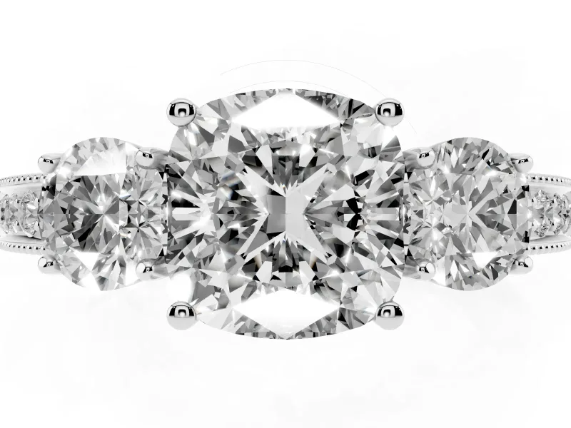 Cushion Cut Vintage Three Stone Engagement Ring Setting | Graduated Milgrain Pave | White Gold