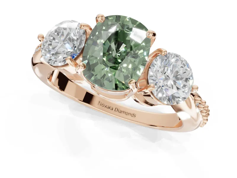 Cushion Cut Three Stone Engagement Ring Setting for a Fancy Green Lab-Grown Diamond | Tapered Pave Band | Rose Gold