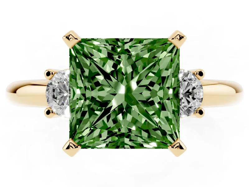 Fancy Green Three-Stone Princess Cut Diamond Ring Set in Yellow gold with Prong Setting and Plain Band