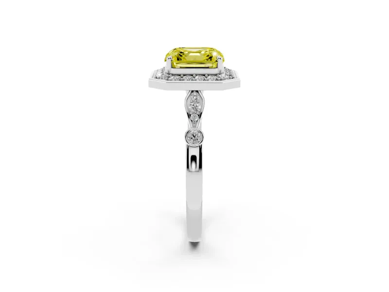 Asscher Cut Halo Engagement Ring Setting for a Fancy Yellow Lab-Grown Diamond | Bezel Station Shoulders | White Gold