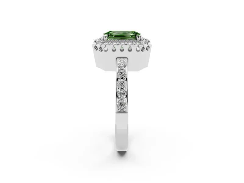 Emerald Cut Milgrain Halo Engagement Ring Setting for a Fancy Green Lab-Grown Diamond | Pavé Shoulders | White Gold