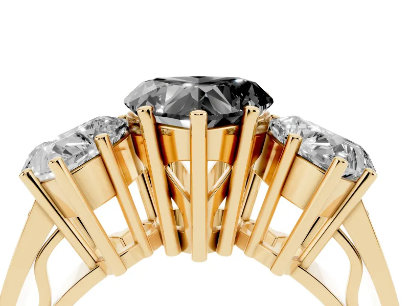 Heart-Shaped Three Stone Engagement Ring Setting for a Black Center | Beaded Shoulders | Yellow Gold