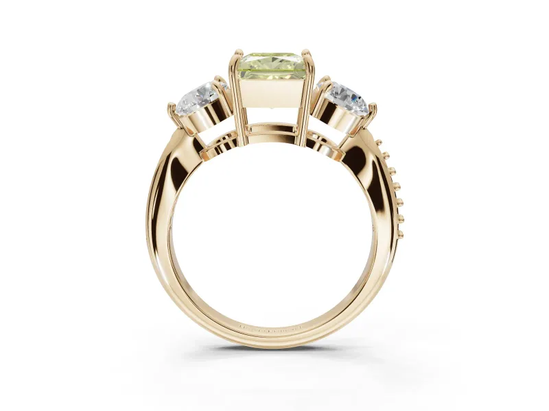 Princess Cut Three Stone Engagement Ring Setting for a Fancy Yellow Lab-Grown Diamond | Tapered Pave Band | Yellow Gold
