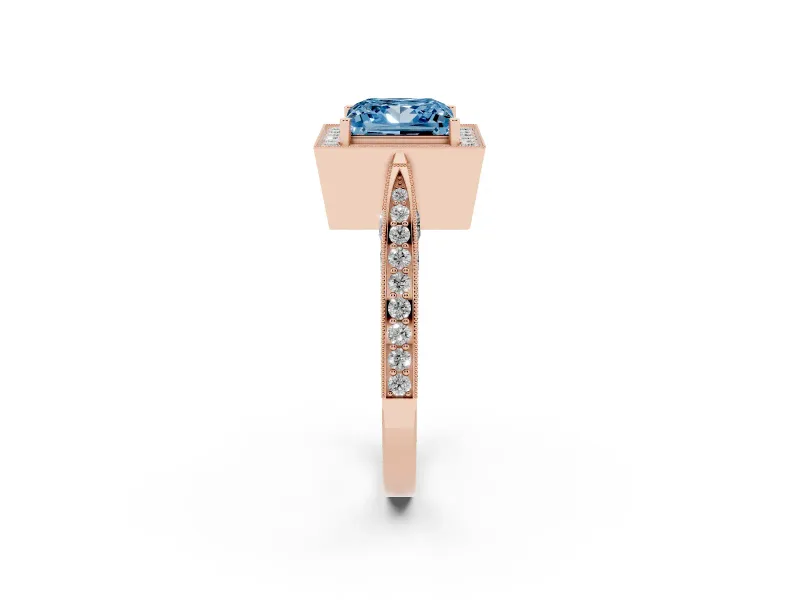 Princess Cut Milgrain Halo Engagement Ring Setting for a Fancy Blue Lab-Grown Diamond | Side Stones | Rose Gold