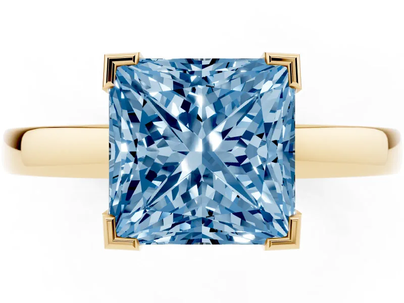 Fancy Blue Princess Cut Diamond Solitaire Ring Set in Yellow gold with Prong Head and Smooth Polished Band