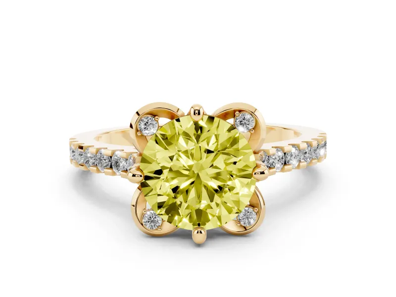 Fancy Yellow Round Cut Diamond Solitaire Ring Set in Yellow gold with Pavé Band and Floral Prong Setting