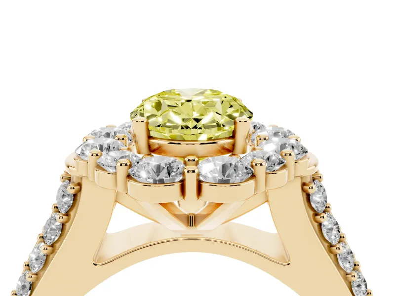 Fancy Yellow Oval Cut Diamond Halo Engagement Ring Set in Yellow gold with Split Shank and Prong Setting
