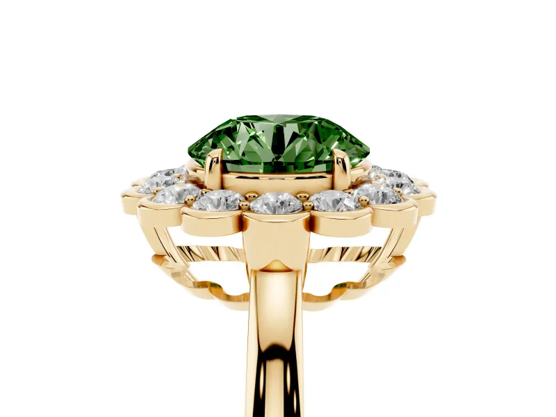 Round Scalloped Cluster Halo Engagement Ring Setting for a Fancy Green Lab-Grown Diamond | Plain Band | Yellow Gold