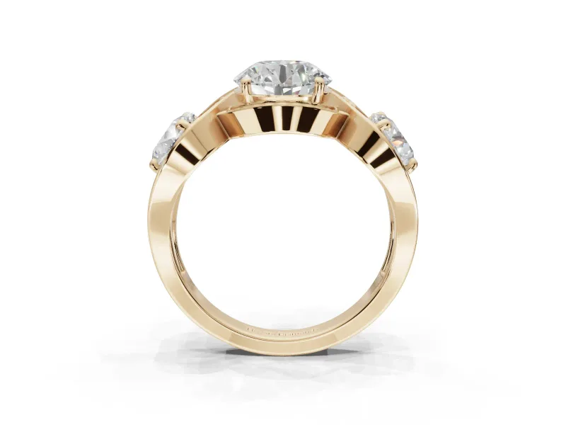 Round Three Stone Halo Engagement Ring Setting | Pavé Wave Band | Yellow Gold