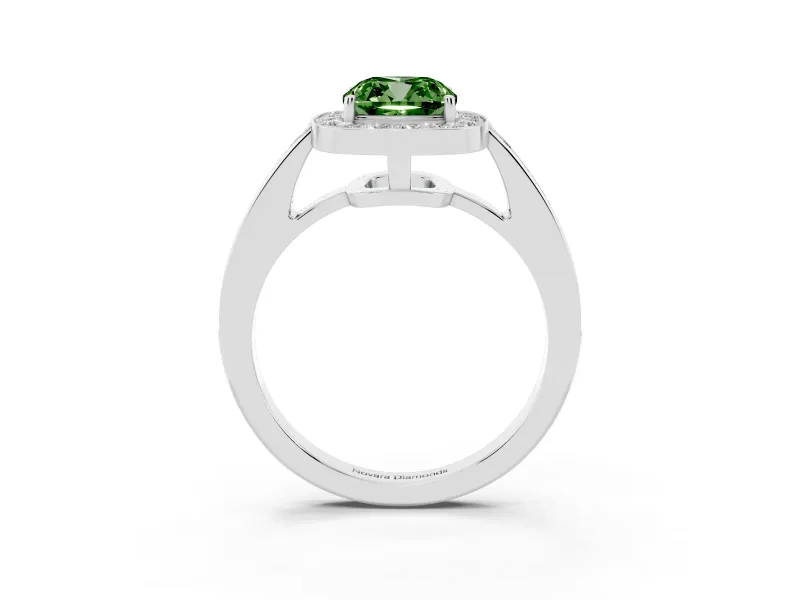 Fancy Green Cushion Cut Diamond Halo Pavé Engagement Ring Set in White gold with Bezel Setting