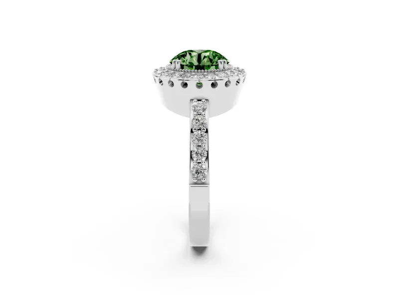 Round Milgrain Halo Engagement Ring Setting for a Fancy Green Lab-Grown Diamond | Pavé Shoulders | Sterling Silver