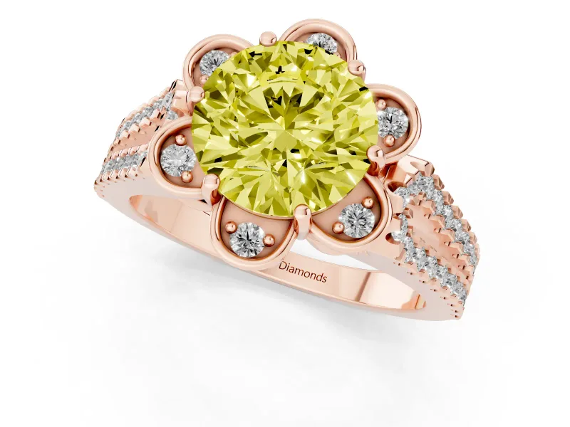 Round Floral Halo Engagement Ring Setting for a Fancy Yellow Lab-Grown Diamond | Pavé Split Shank | Rose Gold