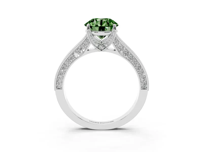 Round Vintage Hidden Halo Engagement Ring Setting for a Fancy Green Lab-Grown Diamond | Milgrain Pave Band | Platinum