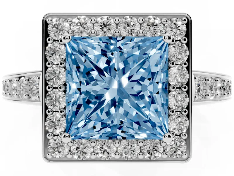 Fancy Blue Princess Cut Diamond Halo Pavé Engagement Ring Set in Platinum with Bezel Setting